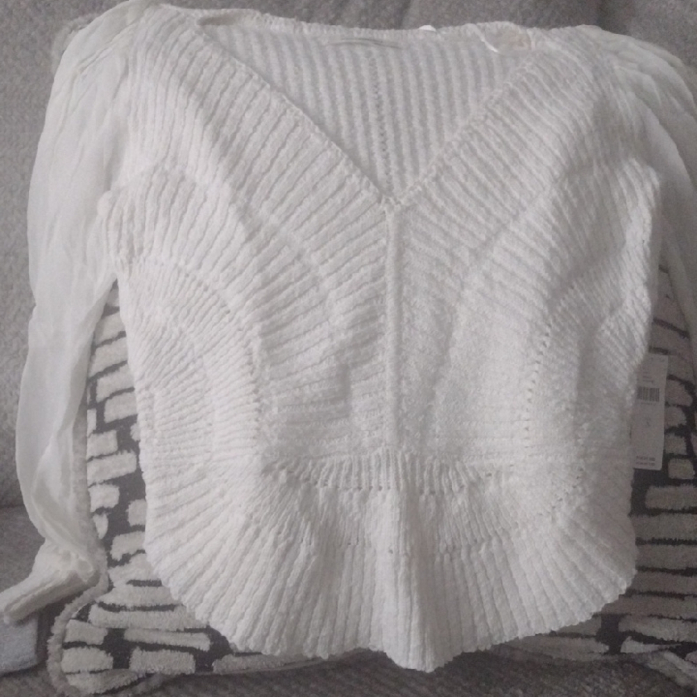 Anthropologie White V-Neck Textured Sweater